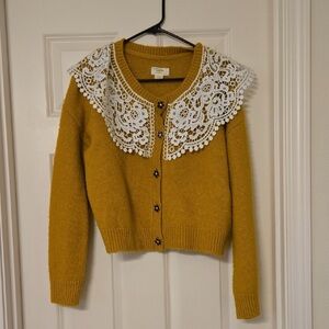 Anthropologie Mustard Cardigan with Lace Detail